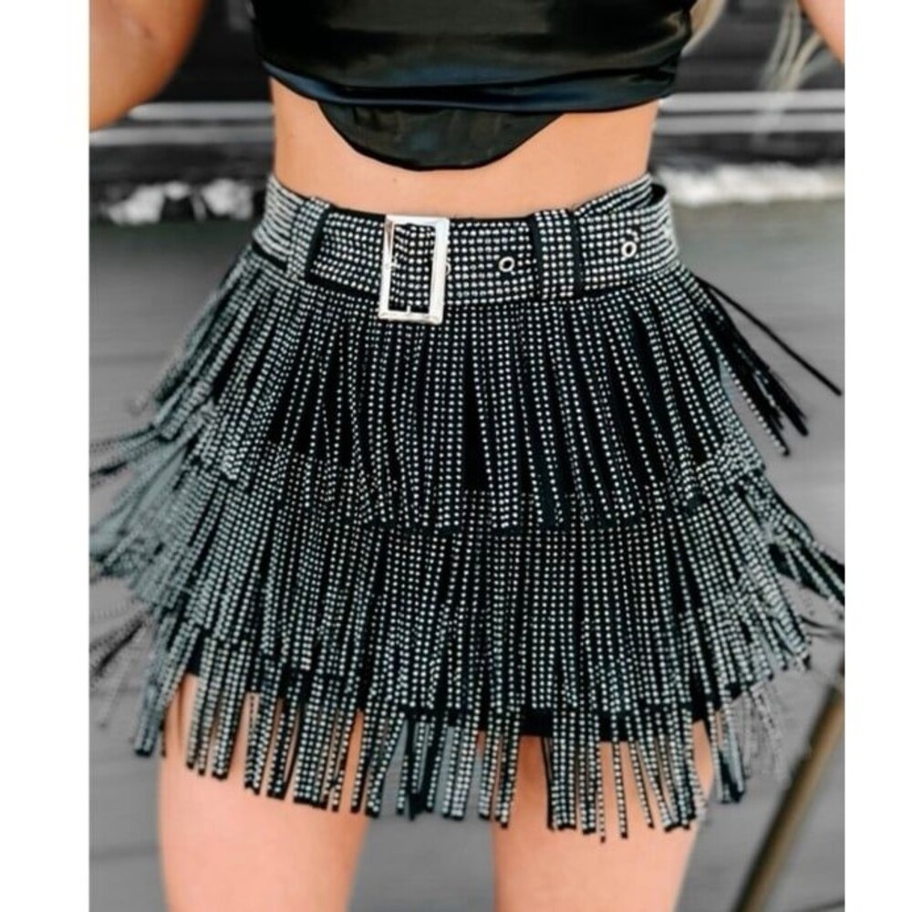 Kiwi Black Fringe Stud‎ Belted Skirt Size Small